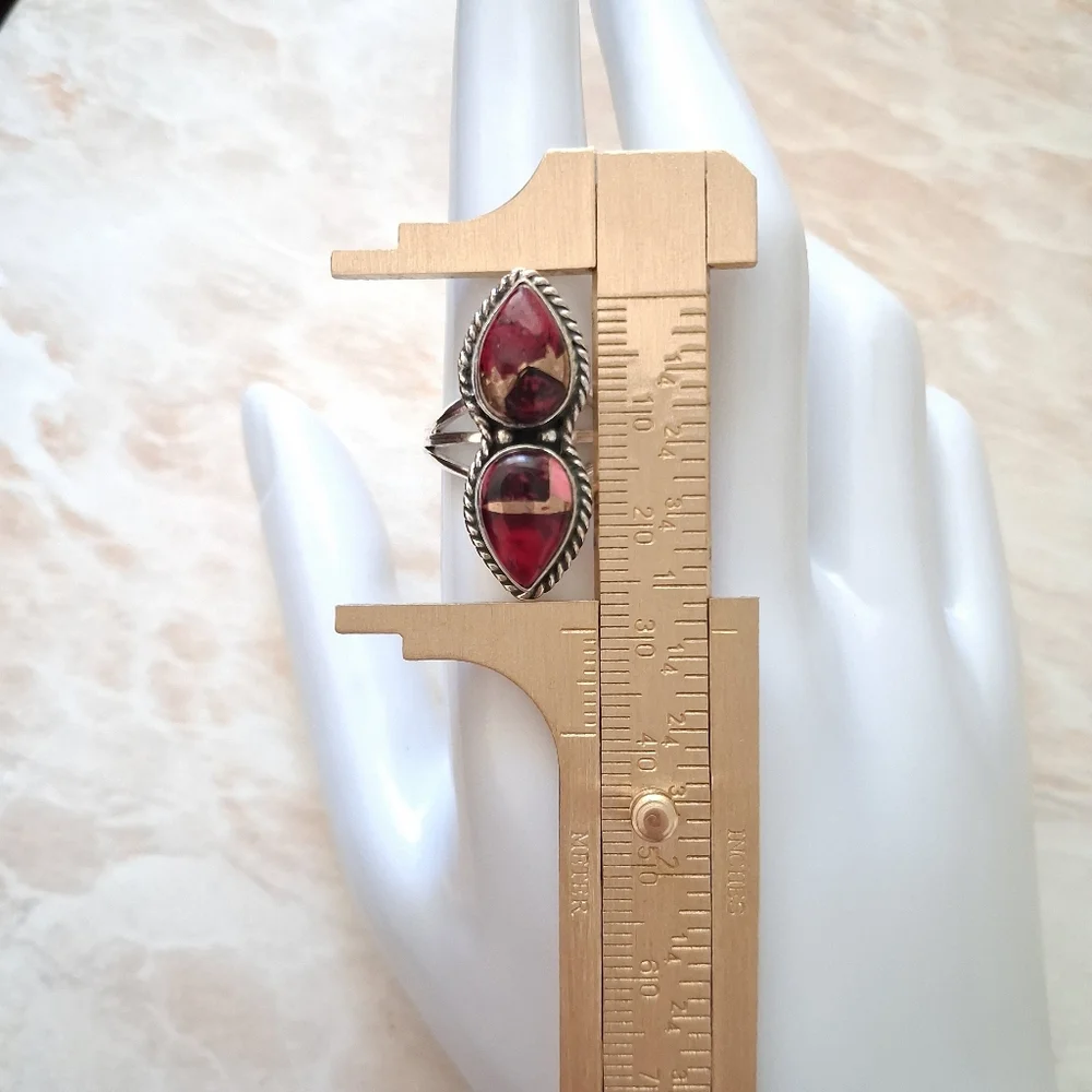 Artisan Handmade Red Rose Dahlia Turquoise 925 Sterling Silver Ring 8 1/2 - Picture 5 of 7